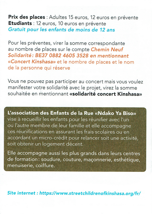 invitation au concert en faveur des enfants de la rue de Kinshasa- verso